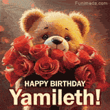 Cinematic style cute animated teddy bear with charming features holding a large bouquet of red roses, the words say 'Happy Birthday Yamileth' in sans serif font.