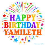 Happy Birthday Yamileth' GIF with rainbow-colored letters, colorful stars, and fireworks on white background.