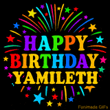 Personalized greeting card with name, colorful text that says 'Happy Birthday Yamileth' surrounded by animated fireworks and multicolor stars
