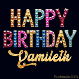 Vibrant luxury birthday greeting card for Yamileth, showing glittering gemstone letters and golden calligraphy on a dark background with twinkling shine effects.