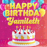 Pink-themed animated greeting with balloons, confetti, and a frosted cake under the message 'Happy Birthday Yamileth' in bold rounded yellow font.