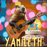 Animated birthday GIF showing a capybara playing guitar and singing beside a birthday cake with the name Yamileth in large letters and colorful bokeh lights in the background.