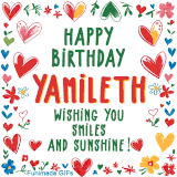 A colorful animated card for Yamileth’s birthday featuring playful hearts, cheerful flowers, and a handwritten message wishing smiles and sunshine.