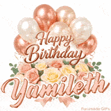 Seamlessly looping Happy Birthday Yamileth wish with pastel flowers and balloons