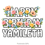 Happy Birthday Yamileth message decorated with pink roses and blue forget-me-nots swaying in the wind