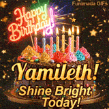 Burning birthday candles on top of a chocolate drip cake with the text Shine Bright Today! at the base, personalized for Yamileth.