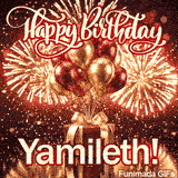 A bundle of metallic helium balloons floating over a luxury holiday gift wrapped with a gold bow, made for Yamileth.