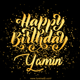 Animated GIF with colorful, festive 'Happy Birthday Yamin' text decorated with patterns, a party hat, and falling confetti. A vibrant and cheerful design for birthday celebrations.