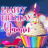 A festive animated GIF featuring a colorful cupcake with a single lit candle, sprinkles, and 'Happy Birthday Yamin' text against a sparkling, celebratory background.