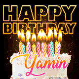 A vibrant animated GIF featuring a delicious birthday cake topped with glowing candles and the name 'Yamin' in elegant script, and the words 'Happy Birthday' on the black background.