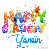 Animated GIF with colorful, festive 'Happy Birthday Yamin' text decorated with patterns, a party hat, and falling confetti. A vibrant and cheerful design for birthday celebrations.