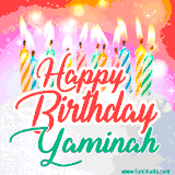 Bright birthday candles with rainbow flames on a cake, alongside the text 'Happy Birthday Yaminah' in vibrant script in this celebratory animated GIF.