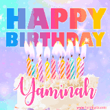 A vibrant animated name GIF with the words 'Happy Birthday Yaminah' with colorful candles on a creamy cake. The background sparkles with pastel shades, adding a festive touch.
