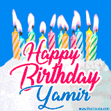 A cheerful animated GIF featuring colorful lit birthday candles on a white cake, with the text 'Happy Birthday Yamir' in bold red and blue script on a bright blue background.