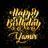Animated GIF with colorful, festive 'Happy Birthday Yamir' text decorated with patterns, a party hat, and falling confetti. A vibrant and cheerful design for birthday celebrations.