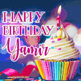 A festive animated GIF featuring a colorful cupcake with a single lit candle, sprinkles, and 'Happy Birthday Yamir' text against a sparkling, celebratory background.
