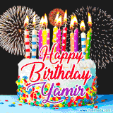 A lively happy birthday animated GIF showcasing a colorful birthday cake covered in sprinkles, topped with glowing candles, and surrounded by vibrant fireworks. The name 'Yamir' is featured in elegant script.