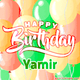 Animated GIF featuring colorful balloons in the background with the cheerful text 'Happy Birthday Yamir'.