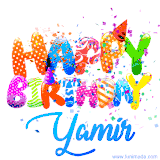 Animated GIF with colorful, festive 'Happy Birthday Yamir' text decorated with patterns, a party hat, and falling confetti. A vibrant and cheerful design for birthday celebrations.
