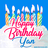 A cheerful animated GIF featuring colorful lit birthday candles on a white cake, with the text 'Happy Birthday Yan' in bold red and blue script on a bright blue background.