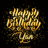 Animated GIF with colorful, festive 'Happy Birthday Yan' text decorated with patterns, a party hat, and falling confetti. A vibrant and cheerful design for birthday celebrations.