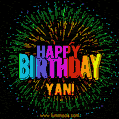 A colorful animated GIF featuring the text 'Happy Birthday Yan!' in rainbow colors with a dynamic iridescent firework display in the background.