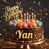 Gourmet chocolate cake on a pedestal with glowing candles and colorful whipped frosting, custom-made for Yan.