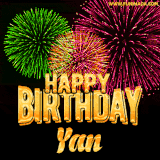 A captivating GIF with bursts of green, pink, and orange fireworks lighting up the night sky, accompanied by 'Happy Birthday Yan' in glowing golden text.