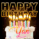 A vibrant animated GIF featuring a delicious birthday cake topped with glowing candles and the name 'Yan' in elegant script, and the words 'Happy Birthday' on the black background.