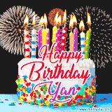 A lively happy birthday animated GIF showcasing a colorful birthday cake covered in sprinkles, topped with glowing candles, and surrounded by vibrant fireworks. The name 'Yan' is featured in elegant script.