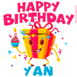A funny animated birthday GIF with the words 'Happy Birthday Yana', colorful gift box with arms and legs, holding a cupcake with a lit candle  with confetti everywhere.