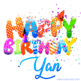 Animated GIF with colorful, festive 'Happy Birthday Yan' text decorated with patterns, a party hat, and falling confetti. A vibrant and cheerful design for birthday celebrations.