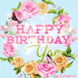 A charming animated GIF featuring 'Happy Birthday Yan' in pink and green text, surrounded by delicate roses, leaves, and fluttering butterflies on a soft light blue pastel background.