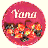 Beautifully decorated red velvet berry birthday cake with vibrant fruits and a glowing 'Yana' name, adding a touch of sweetness and sparkle.