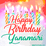 Bright birthday candles with rainbow flames on a cake, alongside the text 'Happy Birthday Yanamari' in vibrant script in this celebratory animated GIF.