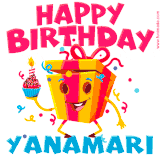 A vibrant and funny gift box character with a happy face dancing with a cupcake and the text 'Happy Birthday Yanamari,' surrounded by animated confetti and party vibes.