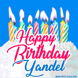 A cheerful animated GIF featuring colorful lit birthday candles on a white cake, with the text 'Happy Birthday Yandel' in bold red and blue script on a bright blue background.