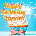 A cheerful animated GIF of a cupcake with creamy frosting, a red checkered ribbon, and a bright sparkler on top. The text 'Happy Birthday Yandel!' is displayed in vibrant orange and red.