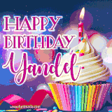 A festive animated GIF featuring a colorful cupcake with a single lit candle, sprinkles, and 'Happy Birthday Yandel' text against a sparkling, celebratory background.