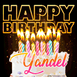 A vibrant animated GIF featuring a delicious birthday cake topped with glowing candles and the name 'Yandel' in elegant script, and the words 'Happy Birthday' on the black background.