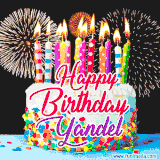 A lively happy birthday animated GIF showcasing a colorful birthday cake covered in sprinkles, topped with glowing candles, and surrounded by vibrant fireworks. The name 'Yandel' is featured in elegant script.
