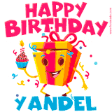 A funny animated birthday GIF with the words 'Happy Birthday Yandela', colorful gift box with arms and legs, holding a cupcake with a lit candle  with confetti everywhere.