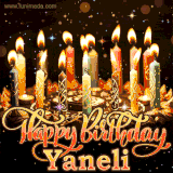 A glowing personalized birthday GIF with name Yaneli featuring lit candles with intricate designs, warm lighting, and the text 'Happy Birthday' in an elegant font.