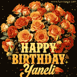 Animated bouquet of orange roses with moving butterfles and golden 'Happy Birthday Yaneli' text, surrounded by sparkling accents and a dark backdrop for a luxurious feel.