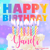 A vibrant animated name GIF with the words 'Happy Birthday Yaneli' with colorful candles on a creamy cake. The background sparkles with pastel shades, adding a festive touch.