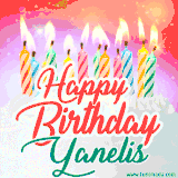 Bright birthday candles with rainbow flames on a cake, alongside the text 'Happy Birthday Yanelis' in vibrant script in this celebratory animated GIF.