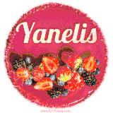 Beautifully decorated red velvet berry birthday cake with vibrant fruits and a glowing 'Yanelis' name, adding a touch of sweetness and sparkle.