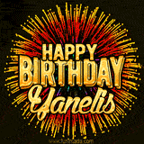 Golden 'Happy Birthday Yanelis' text accompanied by animated rainbow fireworks for a festive animated greeting.