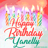 Bright birthday candles with rainbow flames on a cake, alongside the text 'Happy Birthday Yanelly' in vibrant script in this celebratory animated GIF.