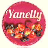Beautifully decorated red velvet berry birthday cake with vibrant fruits and a glowing 'Yanelly' name, adding a touch of sweetness and sparkle.